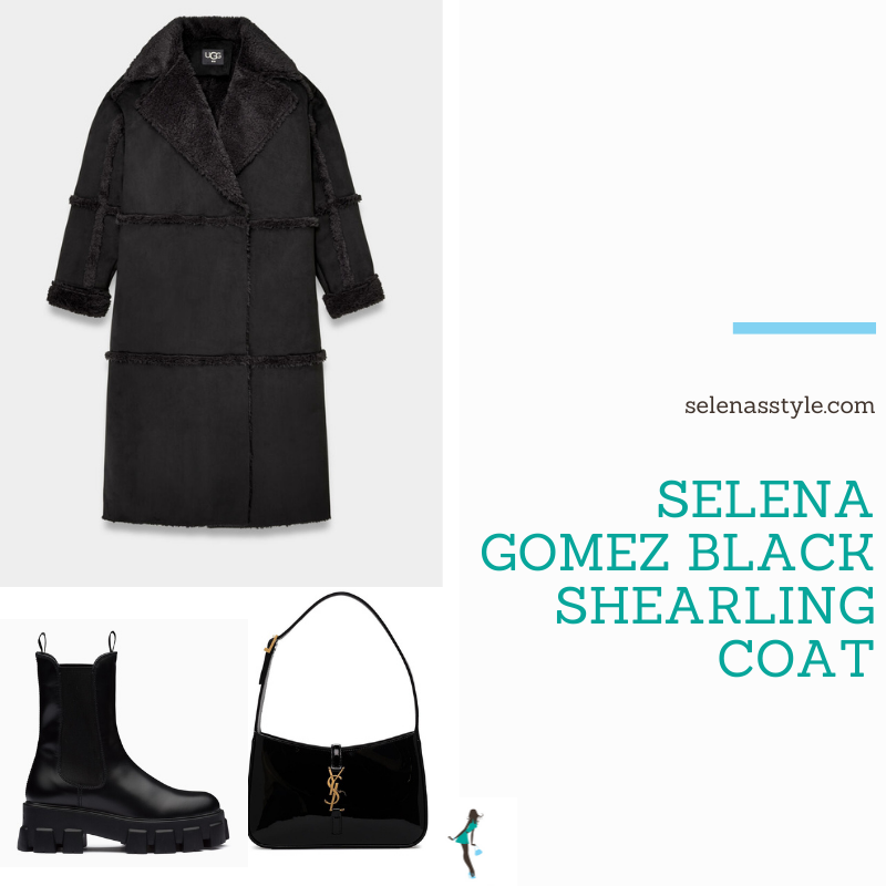 Where to get Selena Gomez outfits November 2021 blog black faux shearling coat black platform Chelsea boots black patent bag