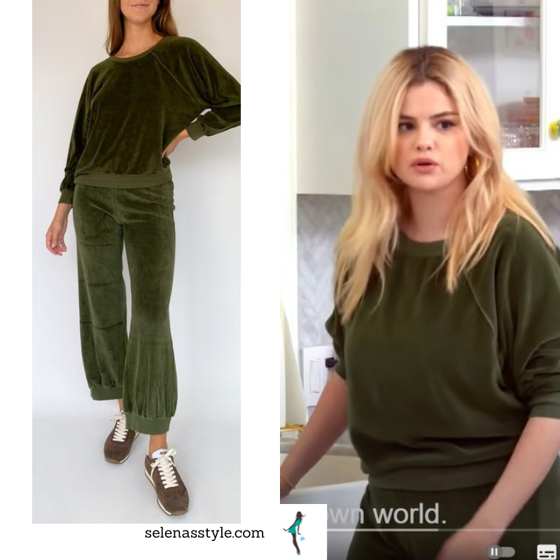 Where to get Selena Gomez outfits October 2021 blog Selena + Chef Season 3 green velour velvet top and pants