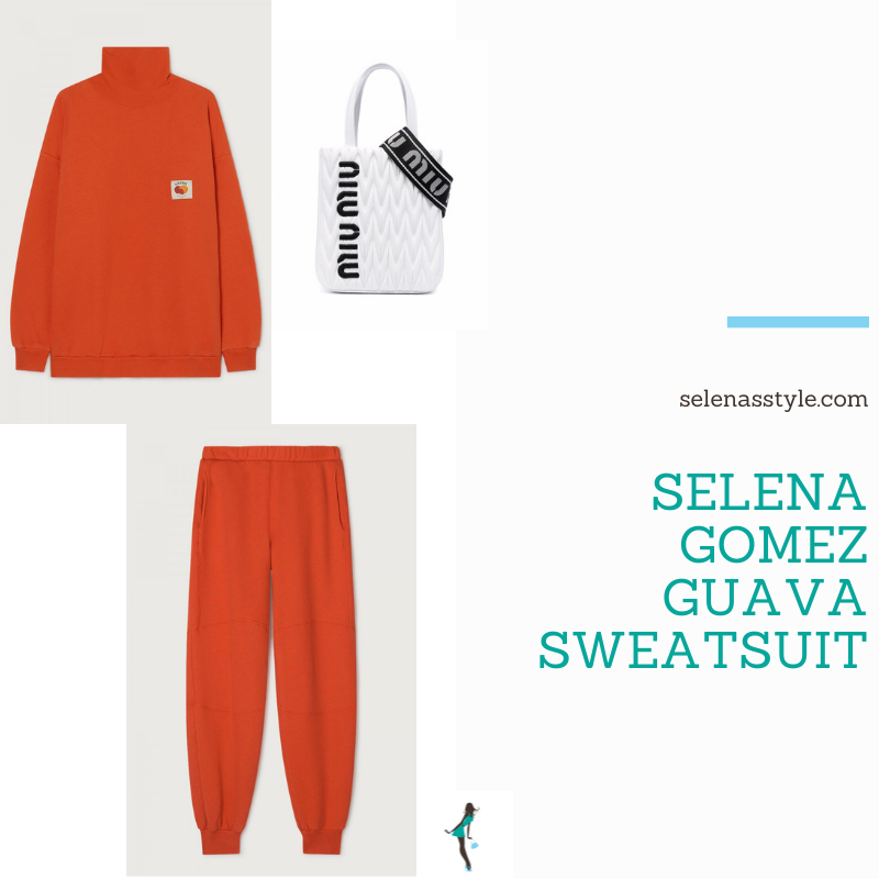 Where to get Selena Gomez outfits November 2021 blog orange sweatsuit white trainers white Miu Miu bag NY