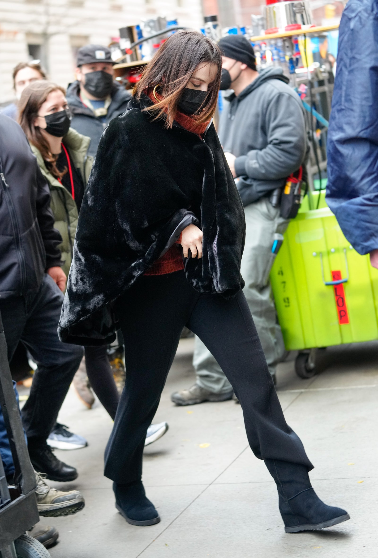 where to get Selena gomez black velvet cape brown cable jumper blue Ugg boots Only Murders in The building December 2021 Photo Gotham