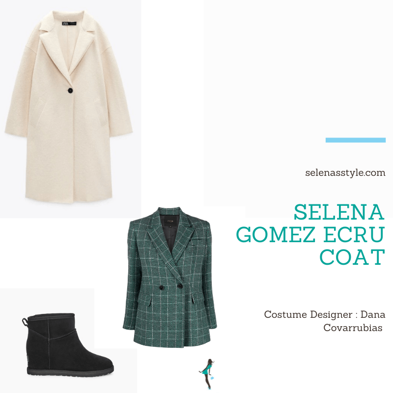 Where to get Selena Gomez outfits December 2021 blog ecru coat green shirt green check jacket black trousers black UGG boots orange chelsea boots on the set of Only Murders In The Building