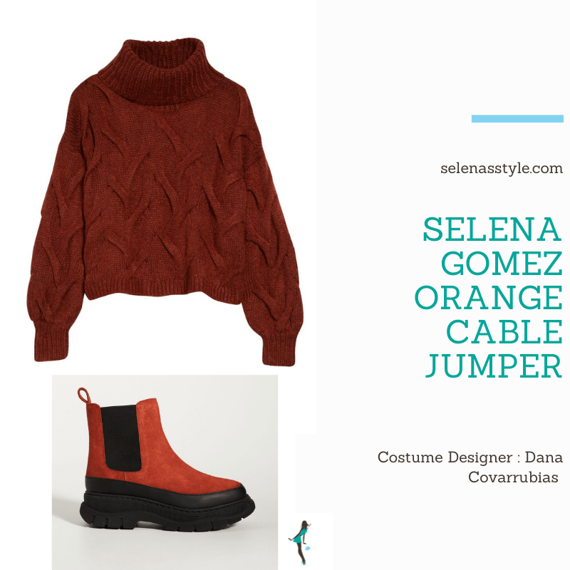 Where to get Selena Gomez outfits December 2021 blog burnt orange cable roll neck jumper black faux fur cape black UGG boots orange chelsea boots on the set of Only Murders In The Building
