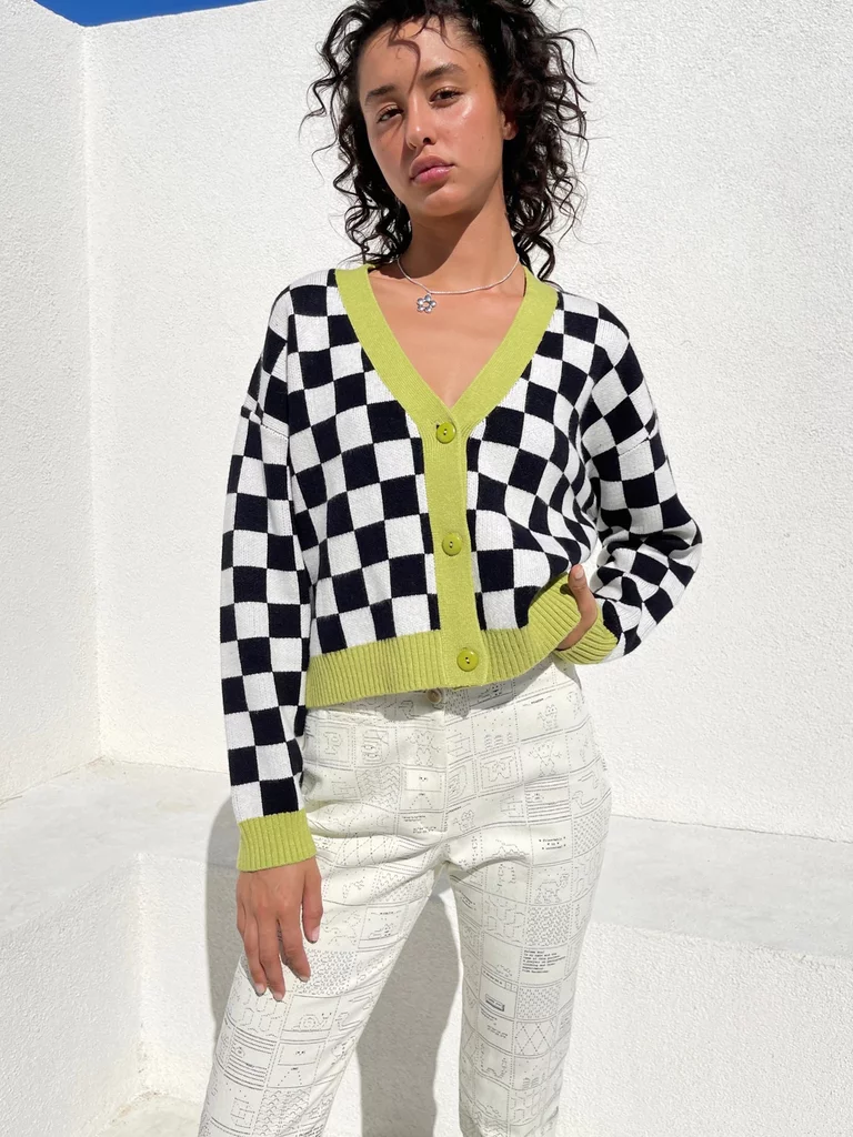 Lisa Says Gah Checkerboard Cardigan with Lime Green Contrast