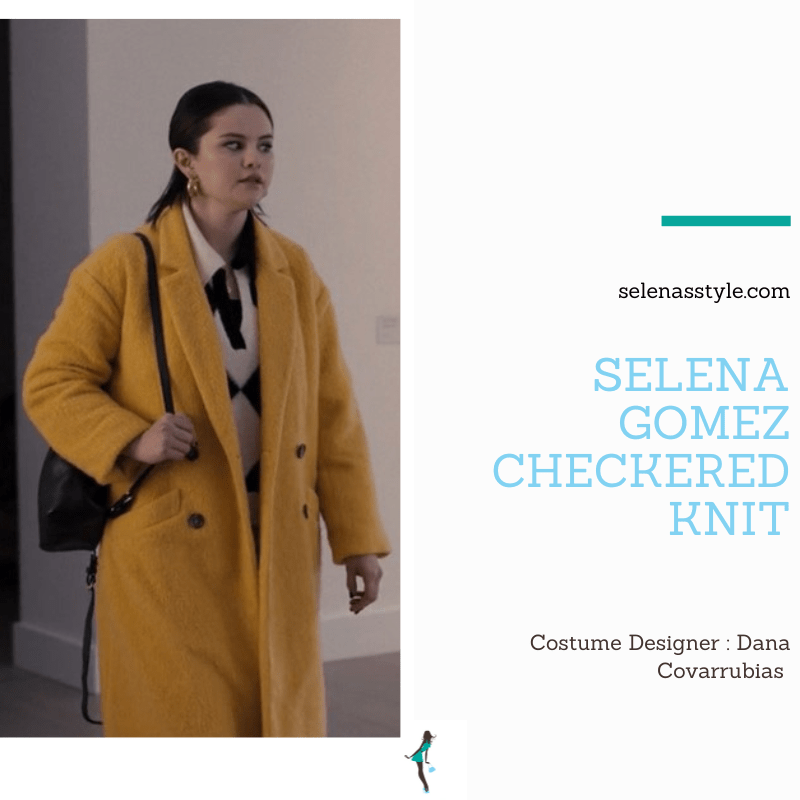 Where to get Selena Gomez outfits 2022 blog black and whit diamond sweater cream pleated trousers gold hoops yellow coat Episode 2 Only Murders In The Building Season 2