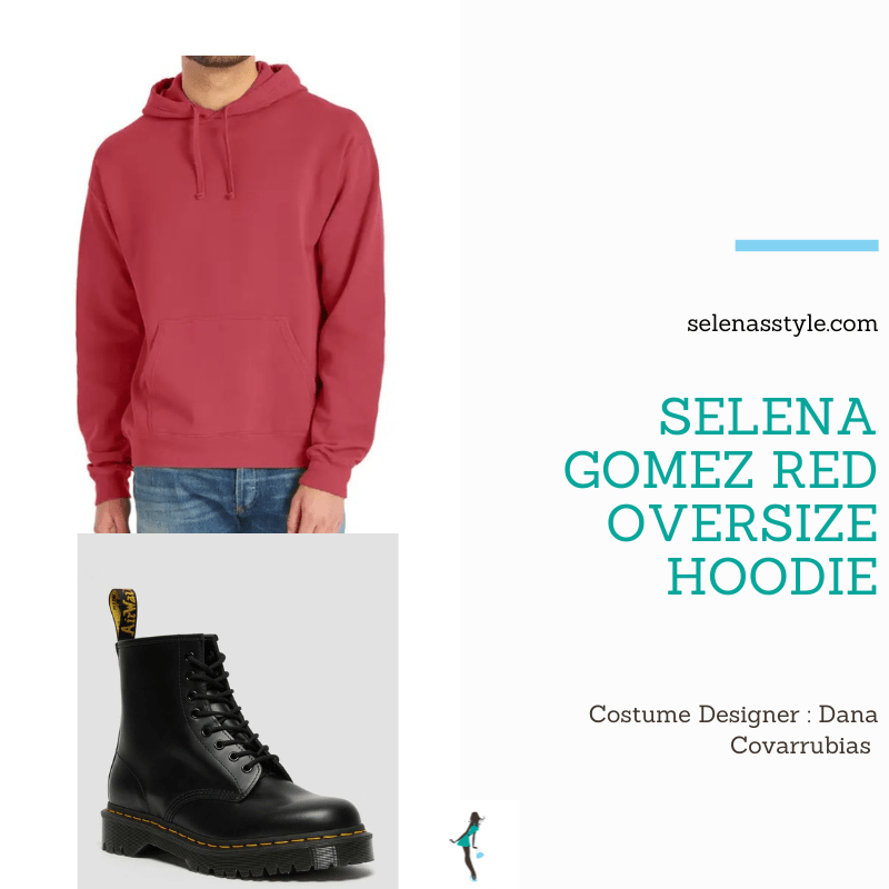 Where to get Selena Gomez outfits 2022 blog red oversize hoodie black boots gold hoops Only Murders In The Building