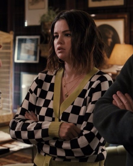 where to get all Selena gomez outfits black and white checkerboard cardigan gold hoops Only Murders in The Building Season 2 Episode 3 Photo Hulu