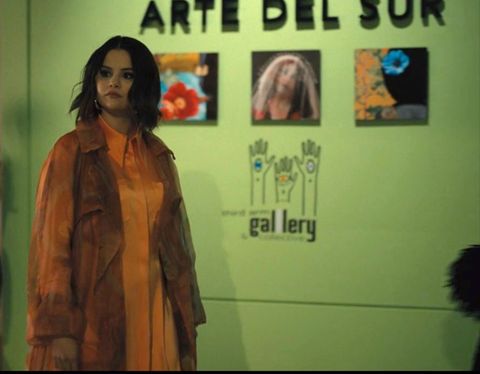 where to get all Selena gomez outfits orange satin dress orange sheer overcoat Only Murders in The Building Season 2 Photo Hulu